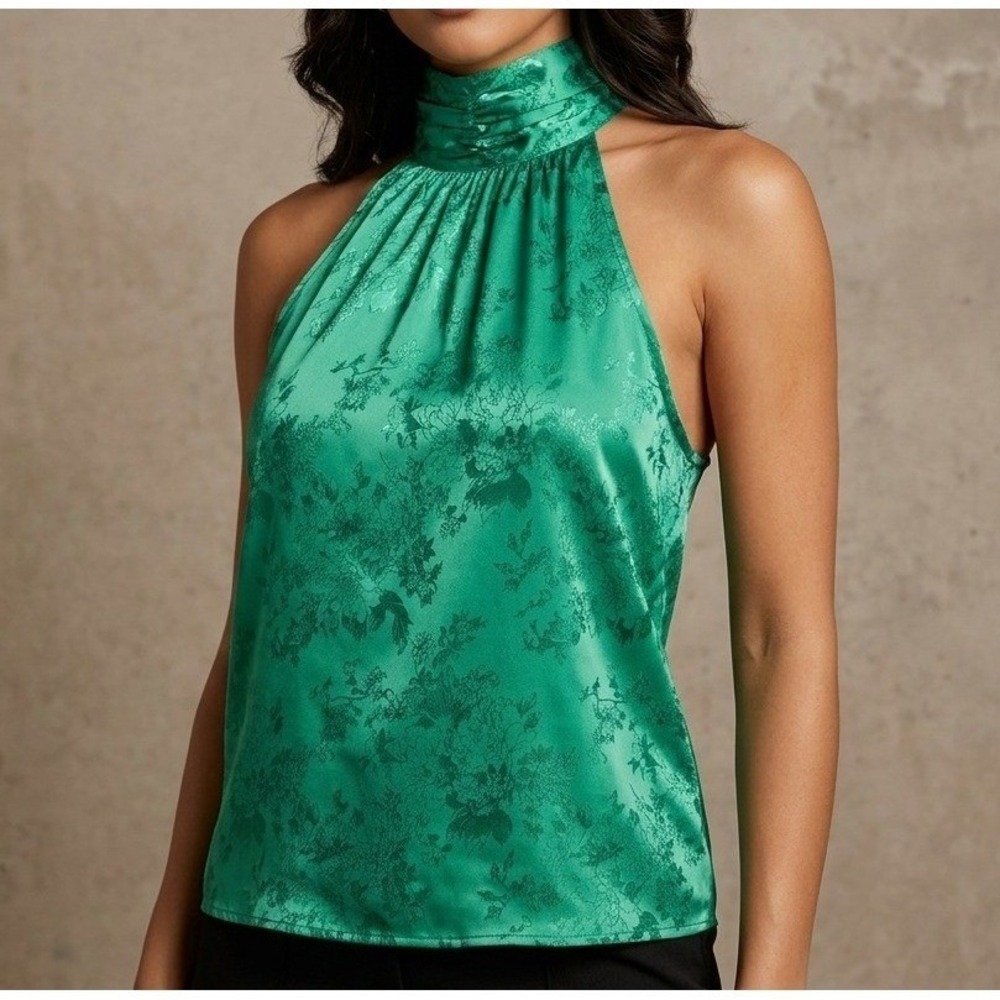 Red by BKE Emerald Green Floral Jacquard Satin Halter Top High Neck SIZE LARGE